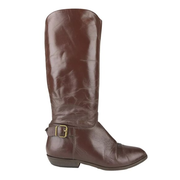 Womens Brown‎ Leather Pointed Toe Knee High Buckle Strap Riding Boots Size US 7M - Picture 1 of 9